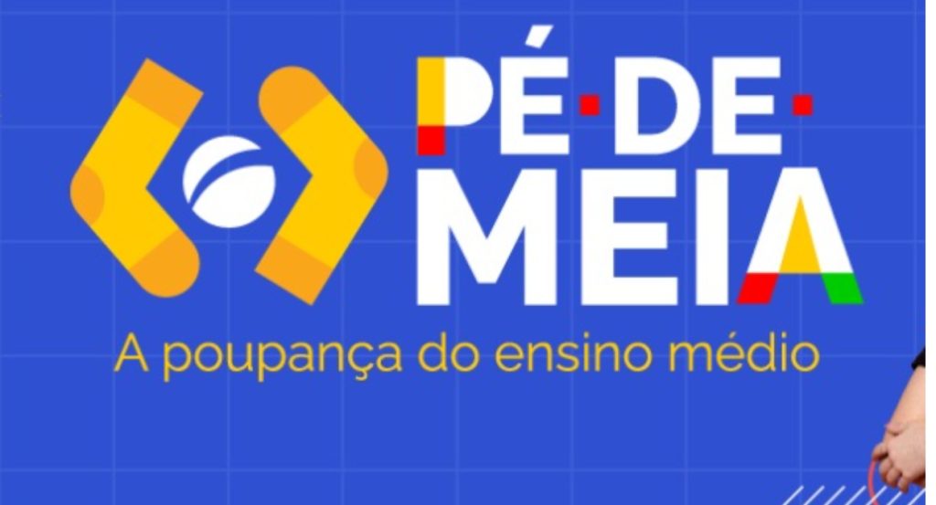 imagem com fundo azul e o logo do programa Pé de Meia