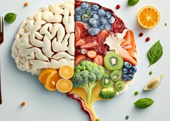 metade de um cérebro composto por alimentos saudáveis